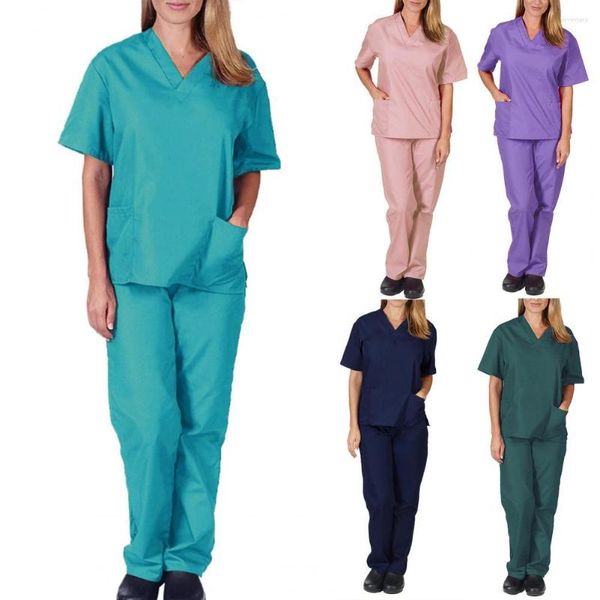 Pantalon deux pièces pour femmes vêtements de travail uniforme de gommage haut ensemble couleur unie élasticité unisexe col en V poches uniformes à séchage rapide pour le travail