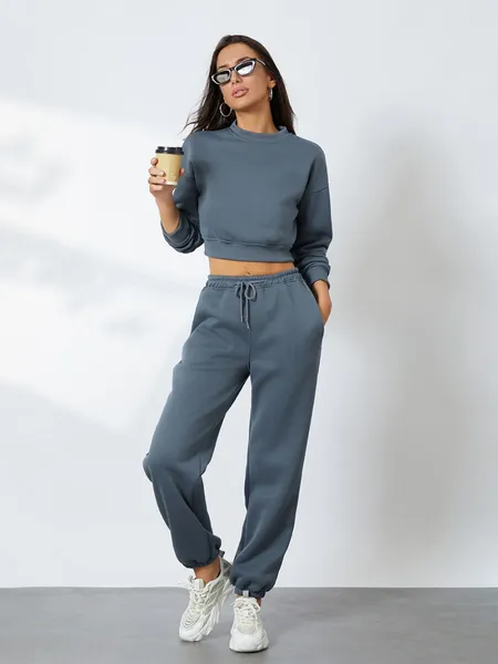 Pantalon de deux pièces pour femmes Wsevypo Automne Survêtements en deux pièces Couleur unie Manches longues O Cou Sweat-shirts courts et ensembles de jogging à bande élastique