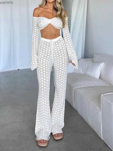 Tweedelige broek Wsevypo Hollow Crochet Krochet-broek voor dames voor casual tweedelige kleding met een lange mouwen met lange mouwen en een hoge taille pantsl240429