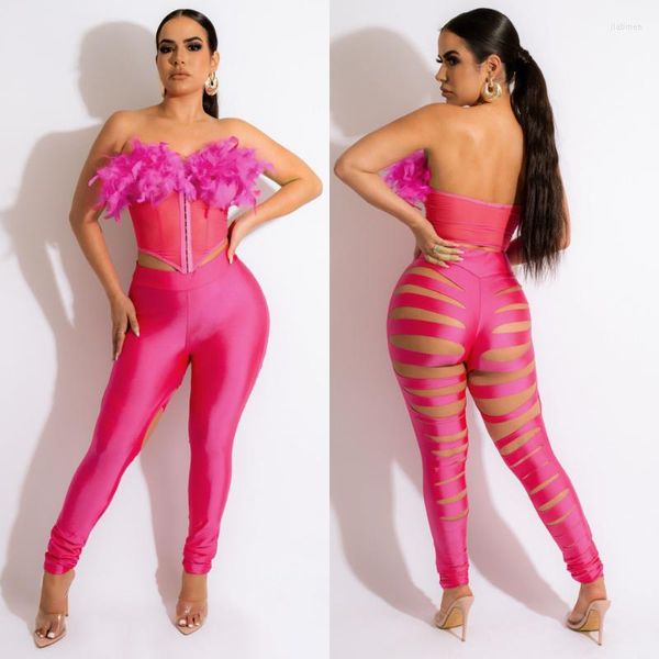 Pantalones de dos piezas para mujer WUHE Sexy Club Party Set 2023 Cuello de plumas Escotado Breasted Mesh Croset Top Cut Out Hole Legging Mujeres Trajes