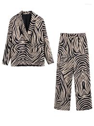 Pantalon de deux pièces pour femmes Xeasy Femmes Zebra Stripe Pièces Ensembles Casual Imprimer Blazer Droit Long Costume 2024 Mode Élégante Femme 2pcs Set