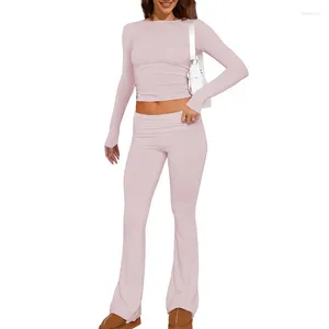 Pantalones de dos piezas para mujer Xingqing Y2K Conjuntos Traje Mujeres Color Sólido Cuello redondo Camiseta de manga larga con cintura alta acampanada Streetwear