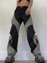 Pantalon de deux pièces pour femmes Y2K Contraste Couleur Cross Patchwork Creux Taille basse Jambe droite Femmes Mode coréenne Hippie Streetwear Pantalon 231107