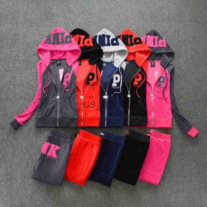 Tweedelige damesbroek Y2K ROZE Merk fluwelen trainingspak Velours Casual sportset Dames Lente 2023 Mode Splice Hoodie Sweatshirt 2-delige set J231111