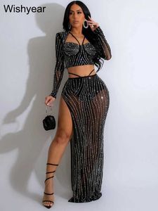 Tweedelige broek voor dames jaar sexy mesh hot boren lange slve top + rokken 2 tweedelig sets strapless club oumfits voor dames verjaardag prom pakken t240510