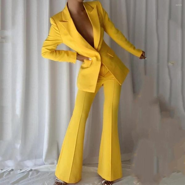 Pantalones de dos piezas para mujer, conjunto de traje ajustado amarillo, 2 chaquetas americanas a juego para fiesta, vestido de graduación, esmoquin Formal de talla grande para mujer