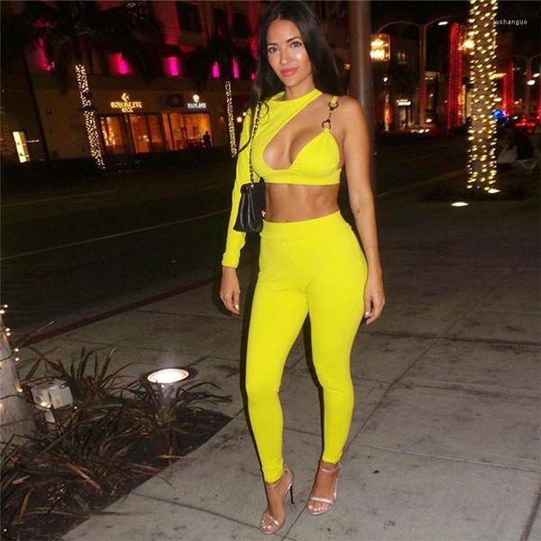 Pantalones de dos piezas para mujer, conjunto blanco amarillo, trajes de Club nocturno Sexy para mujer, Top corto asimétrico recortado con un hombro, traje de lápiz para mujer