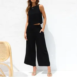 Pantalon de deux pièces pour femmes Yemoggy 2 pièces ensembles été femmes pantalon costume 2023 sans manches boucle débardeurs double poche large jambe pantalon ensemble