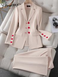 Calças femininas de duas peças Yitimuceng Blazer ternos para mulheres moda manga longa único breasted chique cintura alta magro 2 conjunto 231214