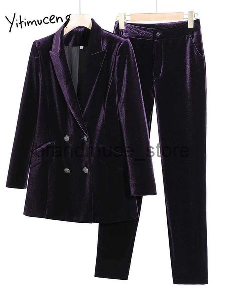 Pantalones de dos piezas para mujer Yitimuceng Otoño Invierno Oficina Señoras Terciopelo Trajes de pantalón Mujeres 2023 Nueva moda coreana Formal Blazer Chaqueta Pantalones 2 piezas Conjunto J231216