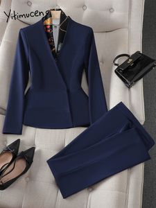 Calças femininas de duas peças Yitimuceng moda formal calça terno outono inverno 2023 escritório senhoras manga comprida blazer fino e calças 2 conjunto 231214