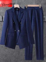 Dames tweedelige broek Yitimuceng Kantoor Ladies Sets Dames 2024 Dubbele breasted Turn Down Collar Blazers Casual High Tailed Pant Suits