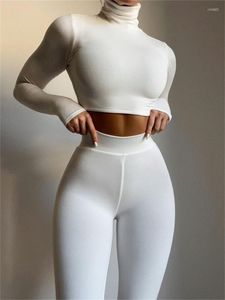 Pantalon deux pièces pour femme Ensembles de yoga Automne Maigre Streetwear Blanc Col roulé Manches longues Crop Top Et Assorti