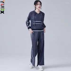 Pantalon féminin en deux pièces Yudx Miyake Fashion Plaid Primp Imprimé 2 pièces Sports plissés Capinage Casual Casual Polydol