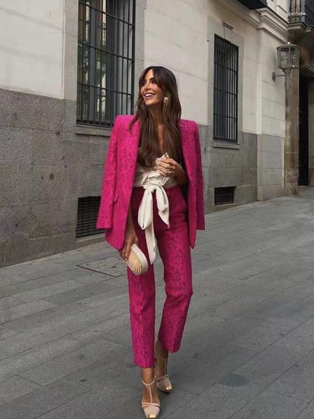 Pantalones de dos piezas para mujer, ZACK RAIN, traje de encaje rosa para mujer, Blazer de viaje para otoño/invierno 2023, pantalones de oficina Retro, conjuntos elegantes sueltos