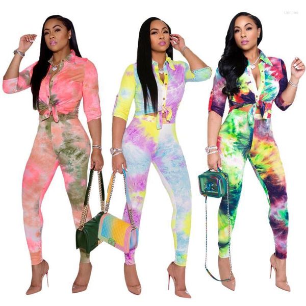 Pantalones de dos piezas para mujer Zaggin 2022 Otoño Mujer Tie-Dye Impreso 2 colores Conjuntos de 2 piezas Camisas de manga larga con muescas casuales Pantalones largos Piel