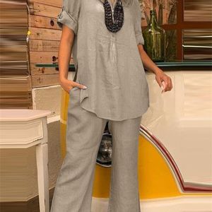 Tweede stuk broek voor dames Zanzea Women Summer Solid Suit bijpassende sets korte mouw v-neck blouse en rechte breedbeenbroek casual elegante losse outfits 220912