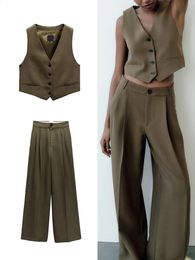 Pantalones de dos piezas para mujer ZBZA Retro Vneck sin mangas de un solo pecho camisa inferior de moda conjunto de dos piezas de pierna ancha recta 231214