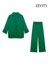 Tweedelige broek met dames ZEVITY Women Mode oversized asymmetrische groene shirts en hoge taille zipper vlieg brede been vrouwelijke sets mujer 230204