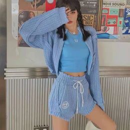 Kadın İki Parça Pantolon Zip Kazak Şort Örgü Set Kadın Eşofman Sonbahar Spor Kıyafet Tığ Kiti Yüksek Bel Kore Aile Eşleşen Mavi 230224