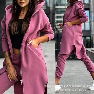 Women's Two Piece Pants Zipper Longline Hooded Coat & Cuffed Set Women Tracksuit 2 Sweatshirts Hoodies Jacket Suit Trouser Outfits