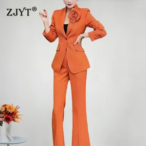 Pantalones de dos piezas para mujeres ZJYT 3D Floral Blazer Suits Pant 2 Conjuntos a juego Mujeres Conjunto para Mujeres Oficina de la Oficina Fiesta de pantalones formales