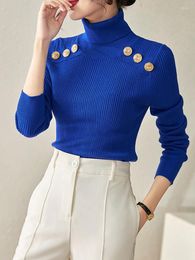 Dames tweedelige broek Zjyt Autumn Winter Elegante Turtleneck Sweater 2 Matching Set Women Office Lady Outfits Top Trousers Suits Blue