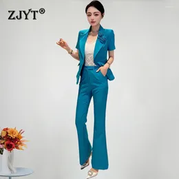 Pantalones de dos piezas para mujeres Zjyt Office Lady Blazer Suits Pant Schens 2 Women Corta de manga corta y pantalones Conjunto de blanco