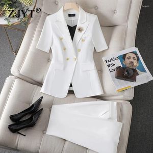 Dames tweedelige broek Zjyt Office Lady Blazer Pak voor dames Pantsets 2 Zomer korte mouw plus size top en broek formele werkkleding