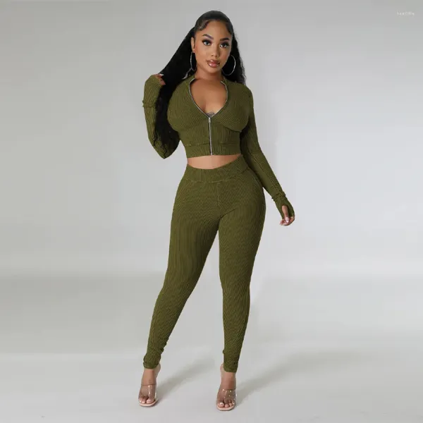 Pantalon de deux pièces pour femmes Zoctuo Knit Survêtement Vêtements d'automne Fermeture à glissière à manches longues Crop Top Set Casual Chaud Skinny Army Green Tenues