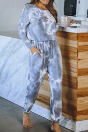 Tweedelige sets voor damesbroeken Home Furning Suit bedrukte lange mouwen broek Split Pyjama Round Neck Comfortabel en casual