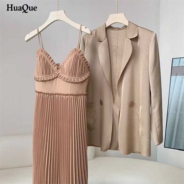 Traje de dos piezas para mujer falda larga iglesia damas blazer vestido de oficina elegante plisado satén manga larga mujer 211106