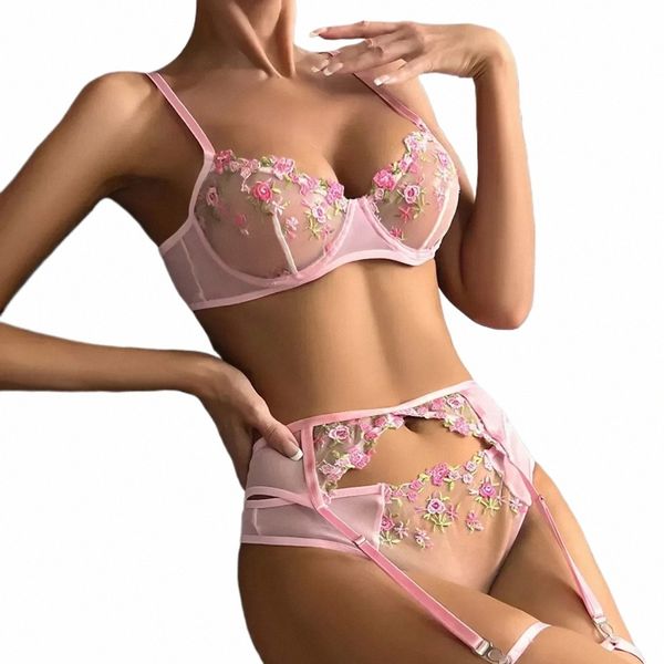 Ropa interior de mujer Sexy Ver a través de malla Bordado transparente Fragmentado Fr Kit Push Bra + Thg Bragas Conjunto de lencería D4jz #