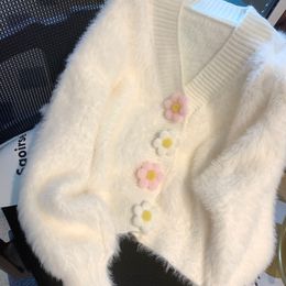 Femmes col en v 3D fleurs boutons patchwork mignon mohair laine tricoté épaississement pull manteau