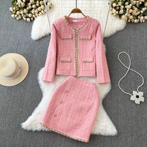 Femmes col en v perles gemme paillette patché tweed lurex manteau et jupe courte twinset 2 pièces robe costume SMLXLXXL