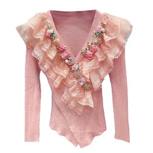 Vrouwen v-hals kralen strass 3D bloem patchwork kant ruches schattige gebreide sweater shirt