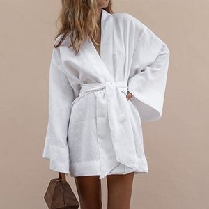 Femmes col en V Kimono Cardigan Mini robe blanc coton lin à manches longues ceintures à lacets robes femmes été lâche 220618