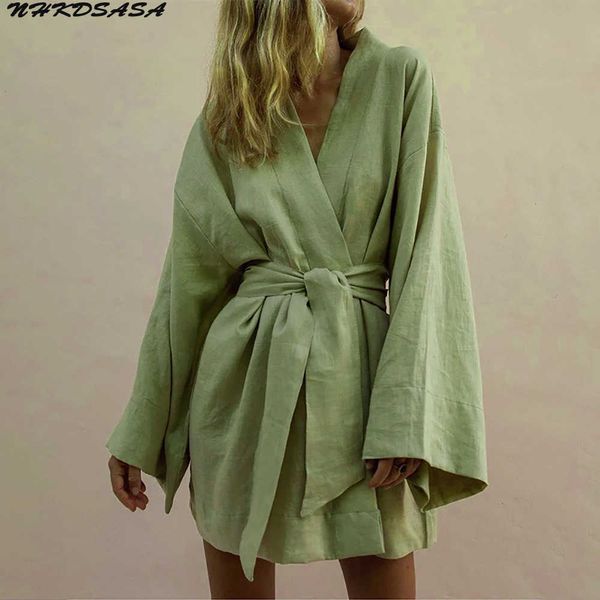 Kimono con cuello en V para mujer, cárdigan, Mini vestido de algodón y lino, manga larga, fajas, Vestidos estilo túnica con cordones, Vestidos sueltos de verano Y1006