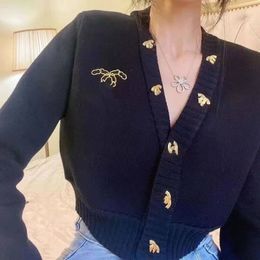 Cardigan tricoté pour femmes, col en v, logo brodé, simple boutonnage, boutons, pull ample, SMLXL