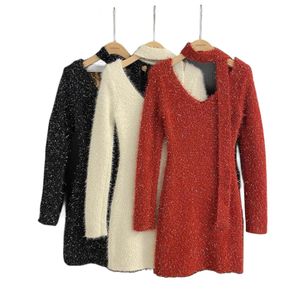 Robe pull tricotée en laine mohair et lurex pour femme, col en v, manches longues, patch brillant, scintillant, SMLXL