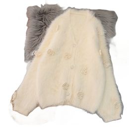 Gehaakte damesv-hals mohairwol gehaakt borduursel 3D-bloem gebreide single-breasted losse trui met lange mouwen SMLXLXXL