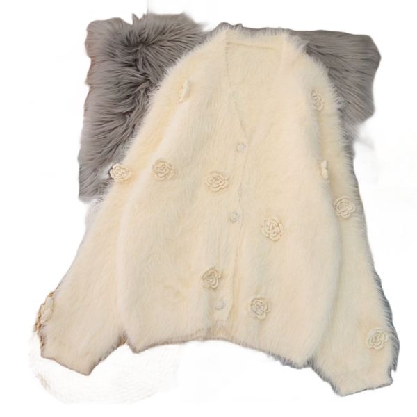 Manteau pull en laine mohair pour femmes, col en v, broderie au crochet, fleur 3D, tricoté, simple boutonnage, ample, manches longues, SMLXLXXL