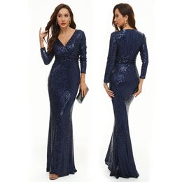 Dames v-hals pailletten sexy retro feestjurk met lange mouwen pailletten formele maxi-jurk, elegante zeemeermin avondjurk