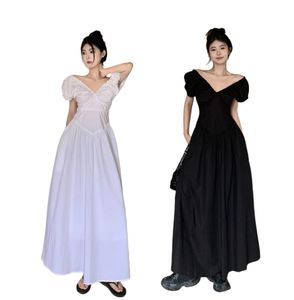 Dames gedrapeerde maxi lange a-lijn jurk met v-hals, korte mouwen en hoge taille SM