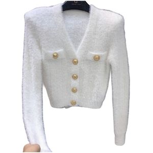 Pull tricoté en laine mohair pour femme, col en v, simple boutonnage, couleur unie, hauts