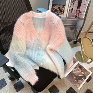 Vrouwen v-hals zoete mohair wol gebreide kleurverloop 3D vlinder strass gepatchte trui vest jas SML