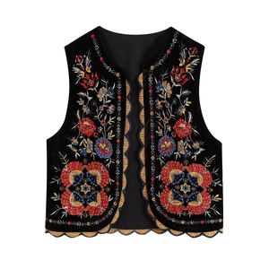 Tissu de velours pour femmes O-cou sans manches brodées Fleurs brodées National Wind Desinger Vest Cardigan Mabet SML