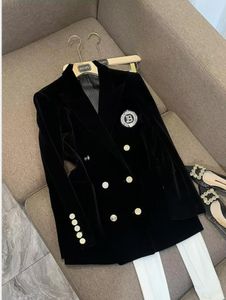 Traje versátil para mujer Gabardinas de longitud media sueltas de lujo Negro Vintage Terciopelo Doble botonadura traje blazer chaqueta abrigos talla pluz 2XL