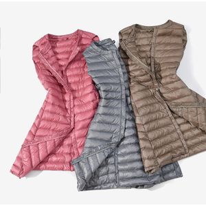 Dames Vest Herfst Winter Ultra Light Down Winddicht Mouwloos Lichtgewicht Lange Vaillon Warm Mode Vrouwelijke Vesten Plus Size LJ201021