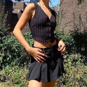 Gilet Femme Blazers Rayé Crop Tops et Blouses Simple Boutonnage Sans Manches Femme Réservoirs Vintage Slim Col en V Mode Printemps Top 220402